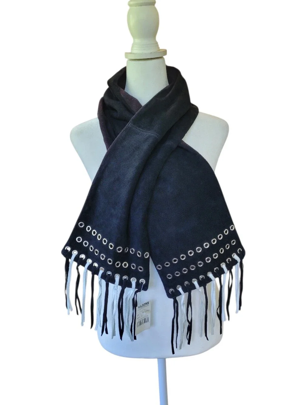 NWT Wilsons Leather Suede Black Grommet Fringe Wrap Scarf